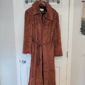 Cache Faux Fur Long Trench Coat - Rust Brown Size Large